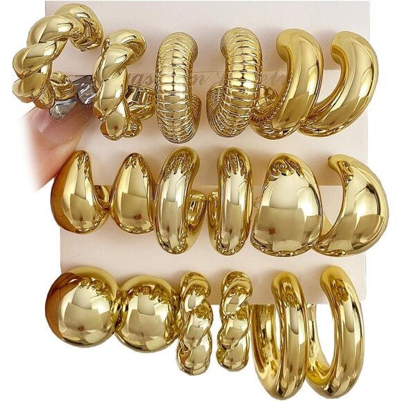 Gold Hoop Earrings Set For Women 24 Pairs Chunky Twisted Dangle Hypoallergenic - Picture 1 of 9
